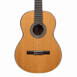 Straight close-up of the Smiger LCI-39 Natural classical guitar showing its natural finish, soundhole, rosette, bridge, strings, fingerboard, and visible hardware