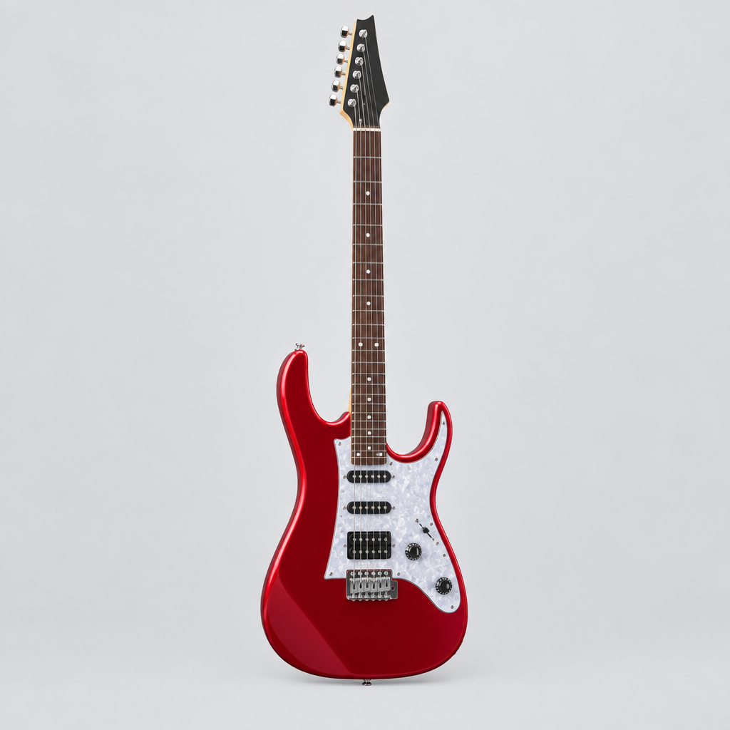 Straight-on full front view of the glossy metallic-red Unistar L-G3 electric guitar with S-S-H pickups.