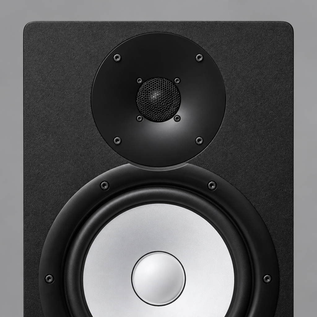 Close-up of the Yamaha HS8I tweeter and 8-inch woofer on the black front baffle.
