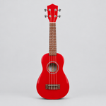 Unbranded GK-10 bright glossy red soprano ukulele shown from the front with four strings and guitar-style tuning machines