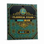 Luxars LX8-028 28-43 normal nylon classical guitar strings package, three-quarter angled view showing package thickness and original manufacturer design