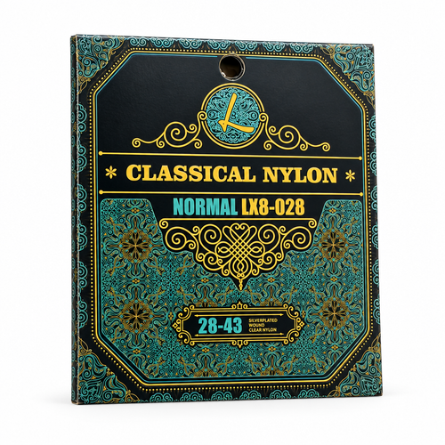 Luxars LX8-028 28-43 normal nylon classical guitar strings package, three-quarter angled view showing package thickness and original manufacturer design