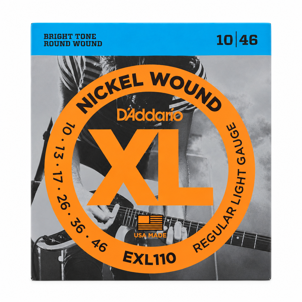 Front view of the D'Addario XL EXL110 Regular Light 10-46 electric guitar string package