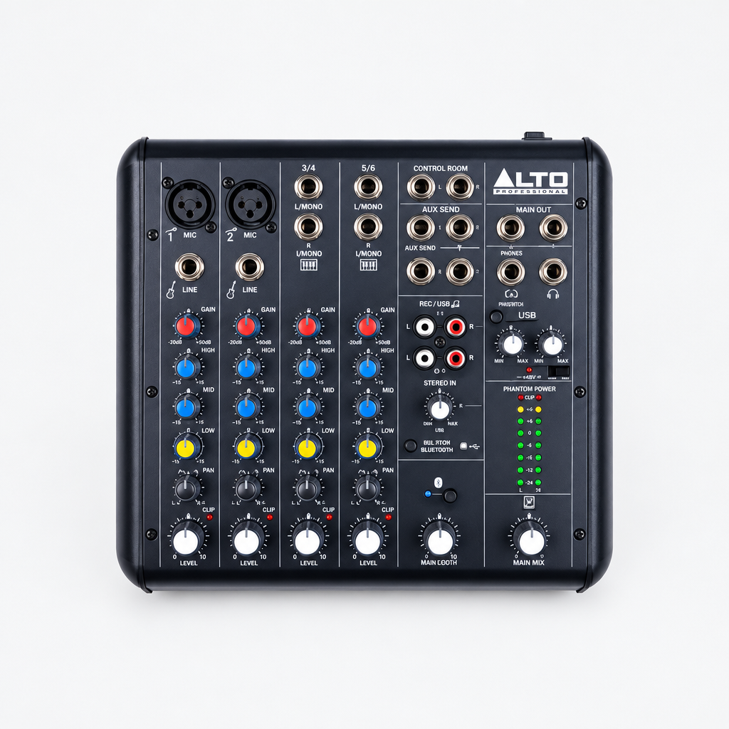 Front view of the Alto Professional TrueMix 600 six-channel analog mixer showing its controls and connections.