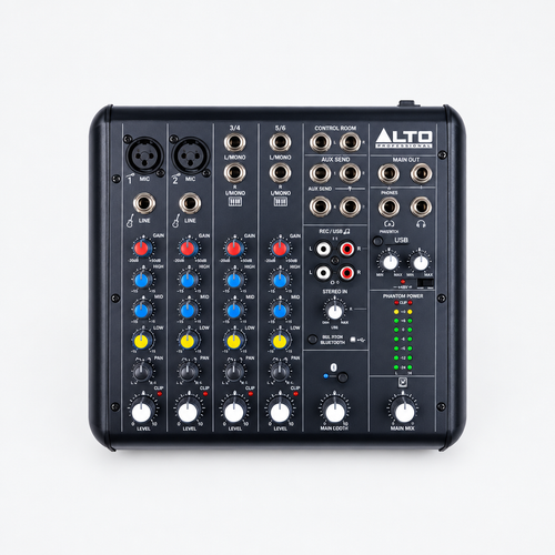Front view of the Alto Professional TrueMix 600 six-channel analog mixer showing its controls and connections.