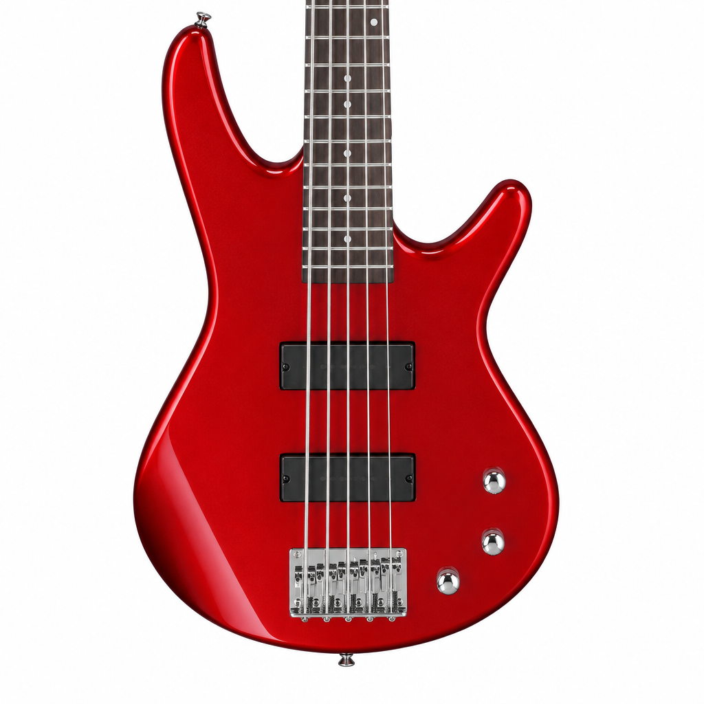 Straight-on close-up of the Ibanez GSR185 five-string bass pickups, bridge, strings, and controls.