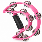 Close-up of Teniniyu pink tambourine grip and double-row metal jingles