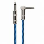 Straight close-up of the Luxars LCB-6B blue patterned instrument cable showing its straight plug, right-angle plug, housings, strain reliefs, and cable jacket