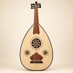 Front view of oud with pale wood soundboard and three floral rosettes on ivory background