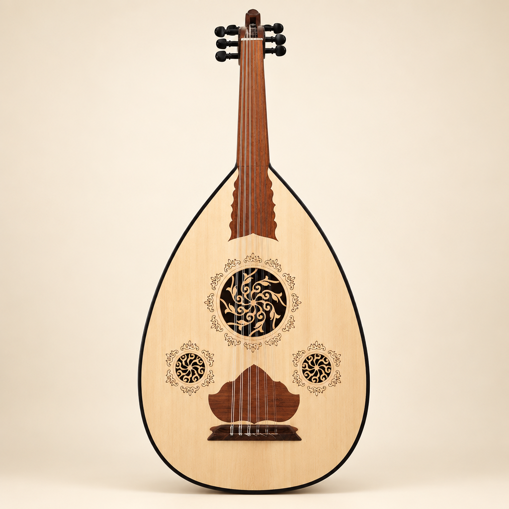 Front view of oud with pale wood soundboard and three floral rosettes on ivory background