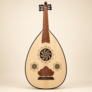Front view of oud with pale wood soundboard and three floral rosettes on ivory background