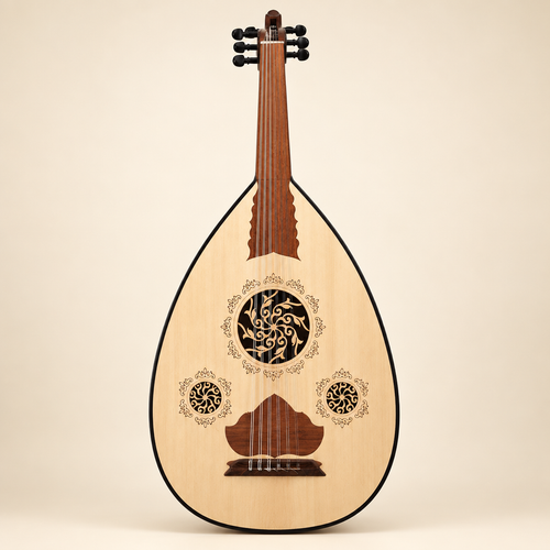 Front view of oud with pale wood soundboard and three floral rosettes on ivory background