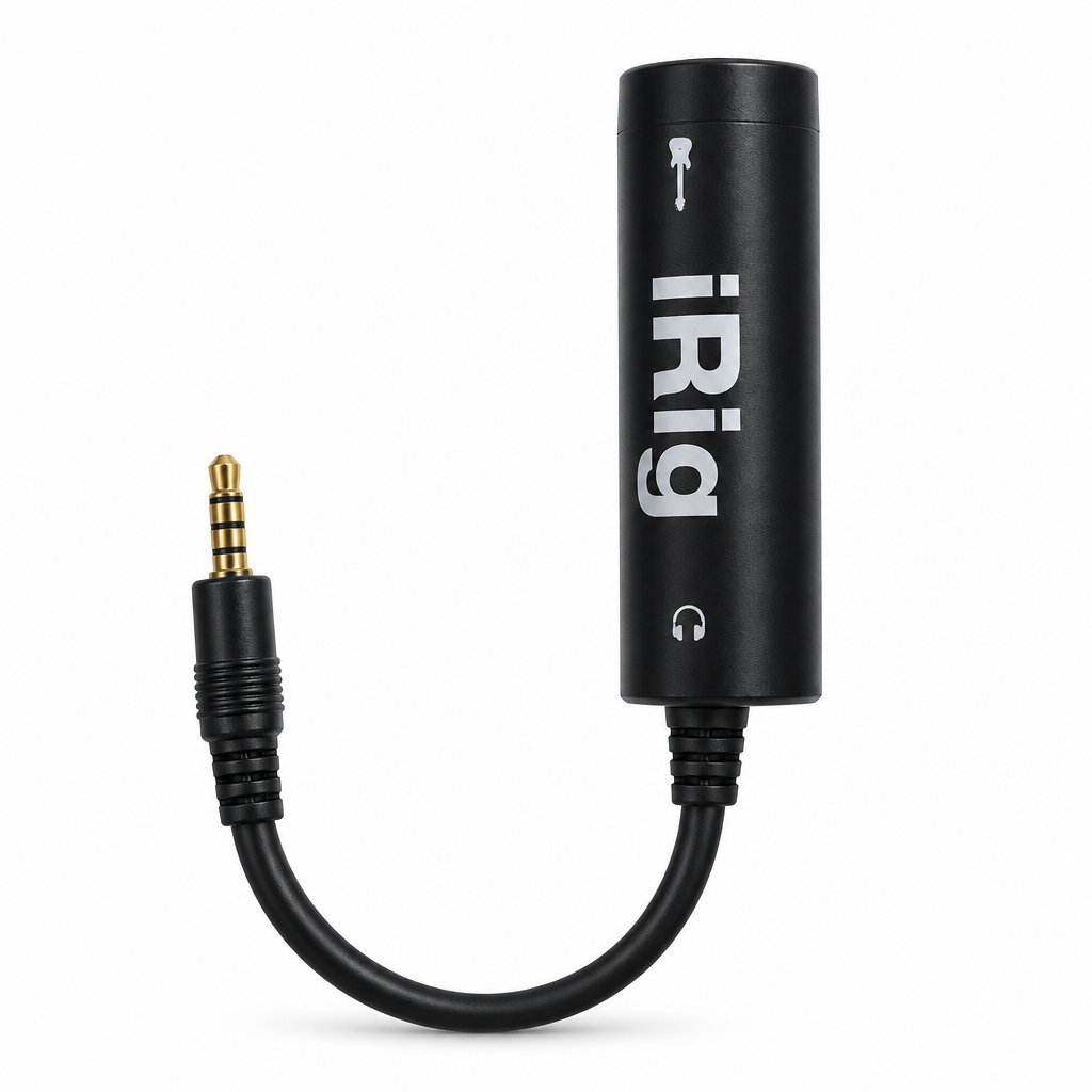 iRig guitar interface adapter with 3.5 mm audio connection, front view showing the compact black adapter and connector