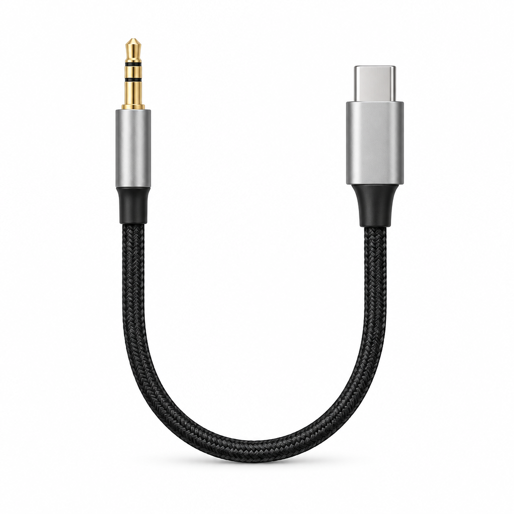 TRCADE321-6 USB-C to 3.5 mm AUX audio cable, straight view showing the USB-C connector, gold 3.5 mm plug, and black braided cable