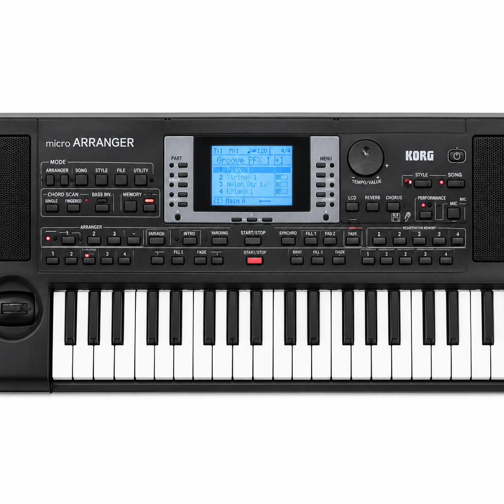 Close-up of the LCD screen and control panel on the Korg microARRANGER