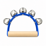 Five-bell handheld sleigh bell with the original blue frame and light wooden handle, compact front view