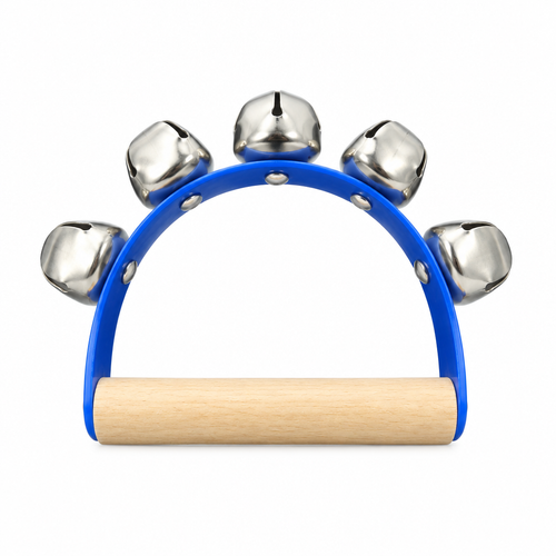 Five-bell handheld sleigh bell with the original blue frame and light wooden handle, compact front view