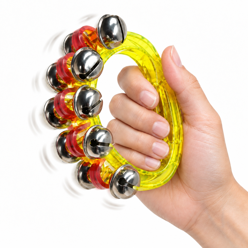 Four adult fingers inside the yellow handheld sleigh bell opening while actively using it