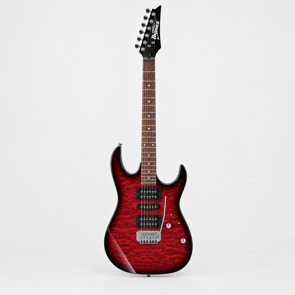 Straight-on full front view of the Ibanez GRX70QA electric guitar in Transparent Red Burst, showing its HSH pickups and tremolo bridge.