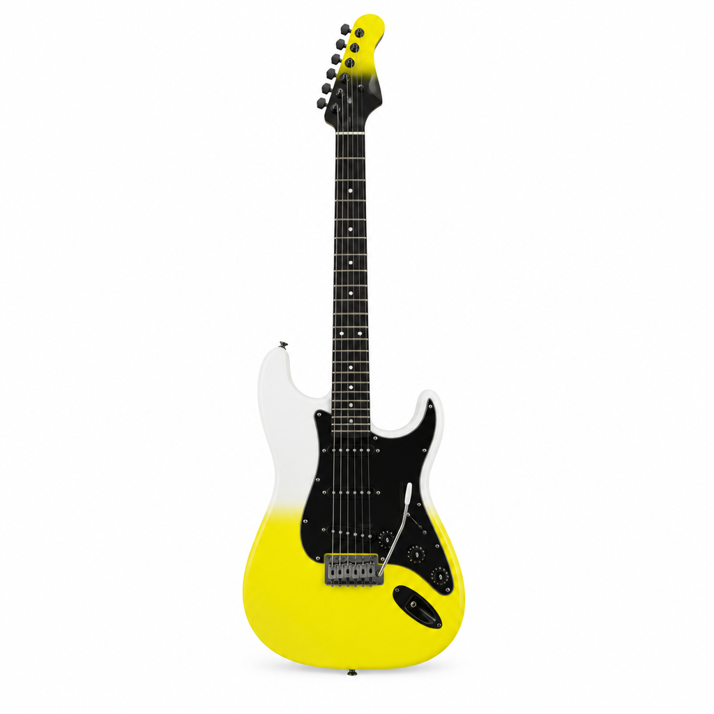 Straight front view of the Smiger L-G2-i6 WKP electric guitar preserving its original white-to-yellow gradient finish, ST-style body, pickups, tremolo bridge, strings, controls, neck, and headstock