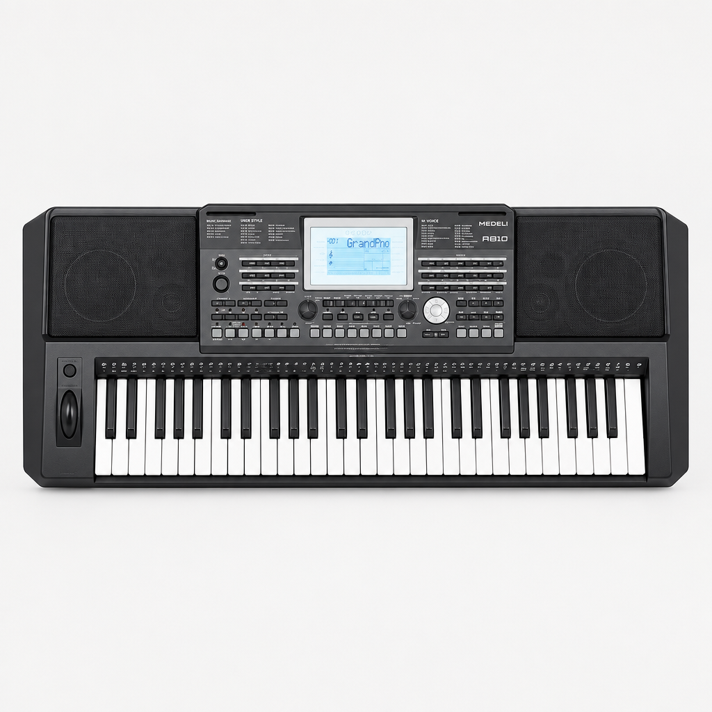 Full front view of the Medeli A810 61-key arranger keyboard with its control panel and speakers.