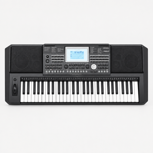 Full front view of the Medeli A810 61-key arranger keyboard with its control panel and speakers.