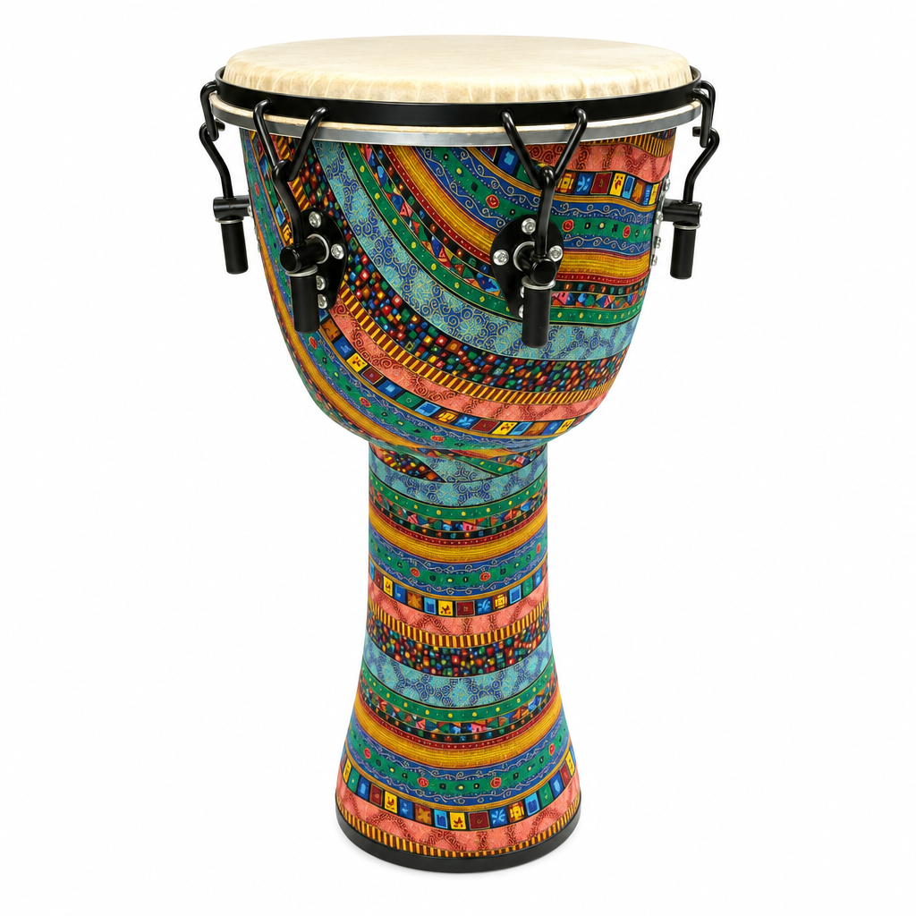 Front view of a colorful Djembe goblet drum, 58 x 30 cm, with leather head and tension hardware