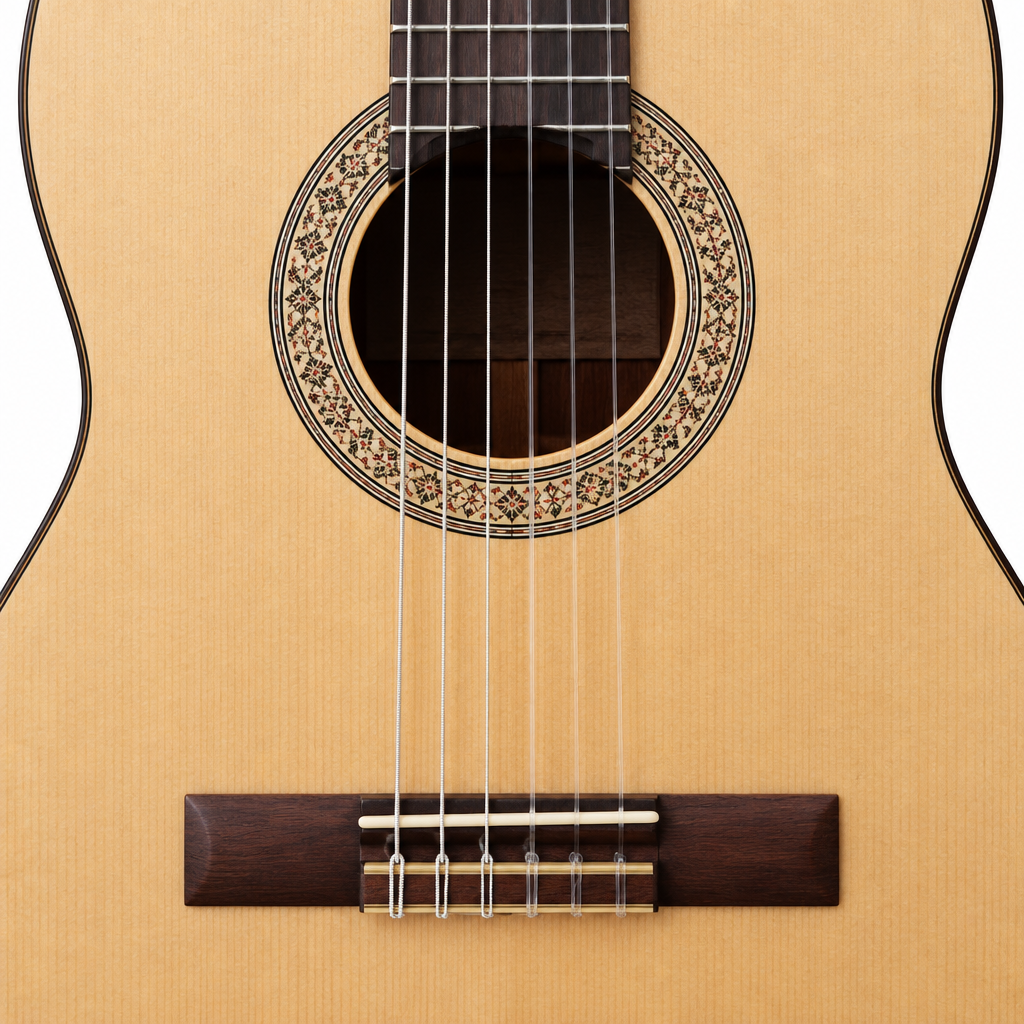 Close-up of the Yamaha C40MII's soundhole, rosette, strings and natural spruce top.