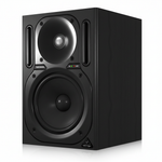 One Behringer Truth B2030A black powered studio monitor shown from a high side angle with cabinet depth, woofer, tweeter, front ports, and Behringer branding