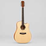 Unbranded E41-DDL natural acoustic guitar shown from the front with a cutaway body, soundhole, bridge, and six strings