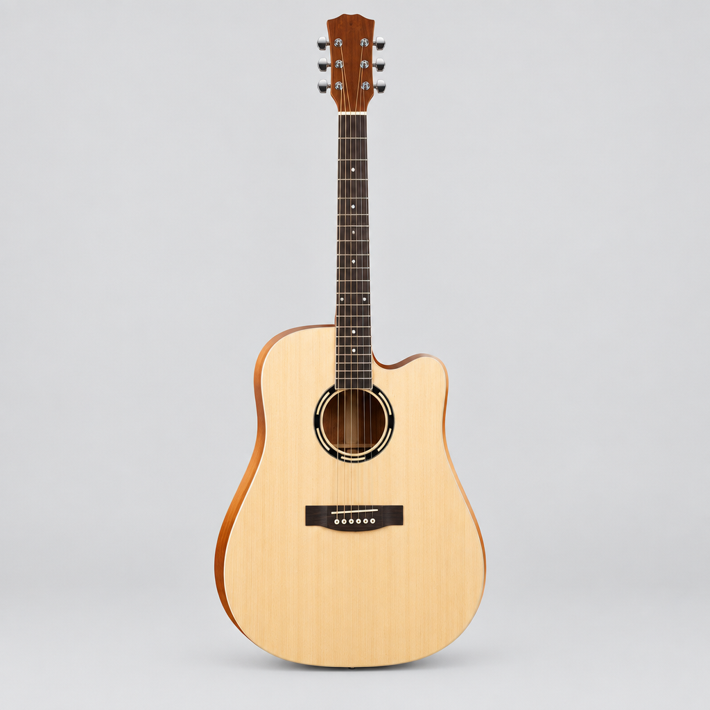 Unbranded E41-DDL natural acoustic guitar shown from the front with a cutaway body, soundhole, bridge, and six strings