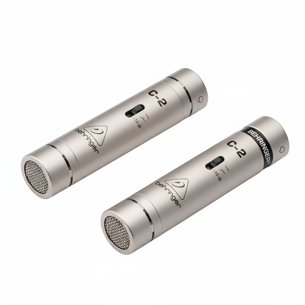 Two Behringer C-2 silver matched condenser microphones shown from a high angled view with circular grilles, cylindrical bodies, C-2 markings, and Behringer branding