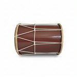 Chasser PK medium drum placed horizontally on its side, showing the full cylindrical brown body, light-colored rims, and rope tensioning on a white background