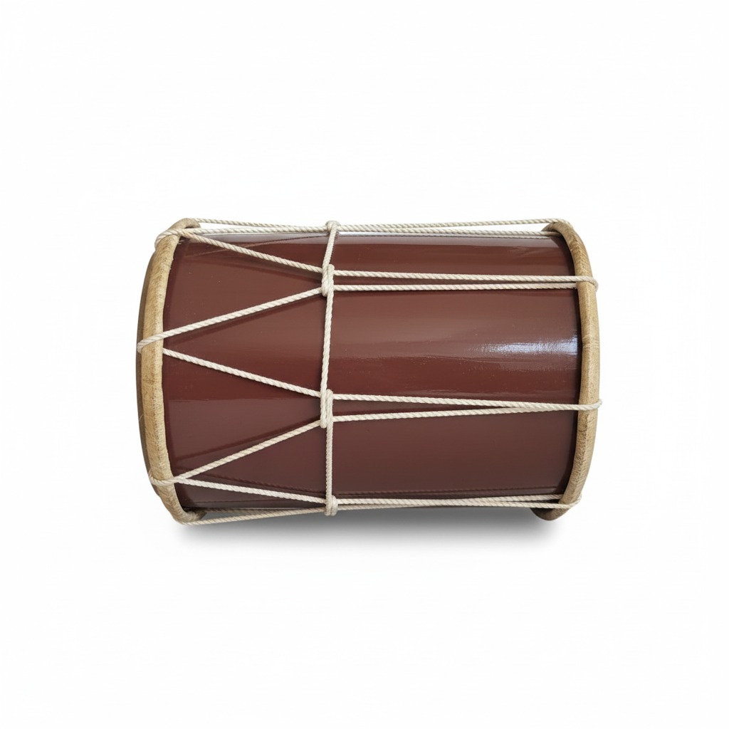 Chasser PK medium drum placed horizontally on its side, showing the full cylindrical brown body, light-colored rims, and rope tensioning on a white background