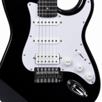 Straight-on close-up of the Rockdale Acadia HSS guitar showing two single-coil pickups, the bridge humbucker, strings, and tremolo bridge.
