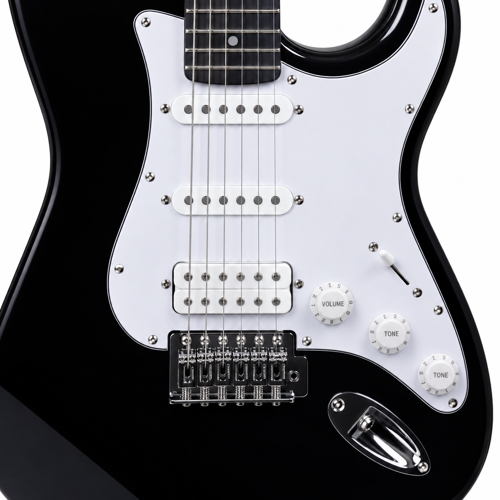 Straight-on close-up of the Rockdale Acadia HSS guitar showing two single-coil pickups, the bridge humbucker, strings, and tremolo bridge.