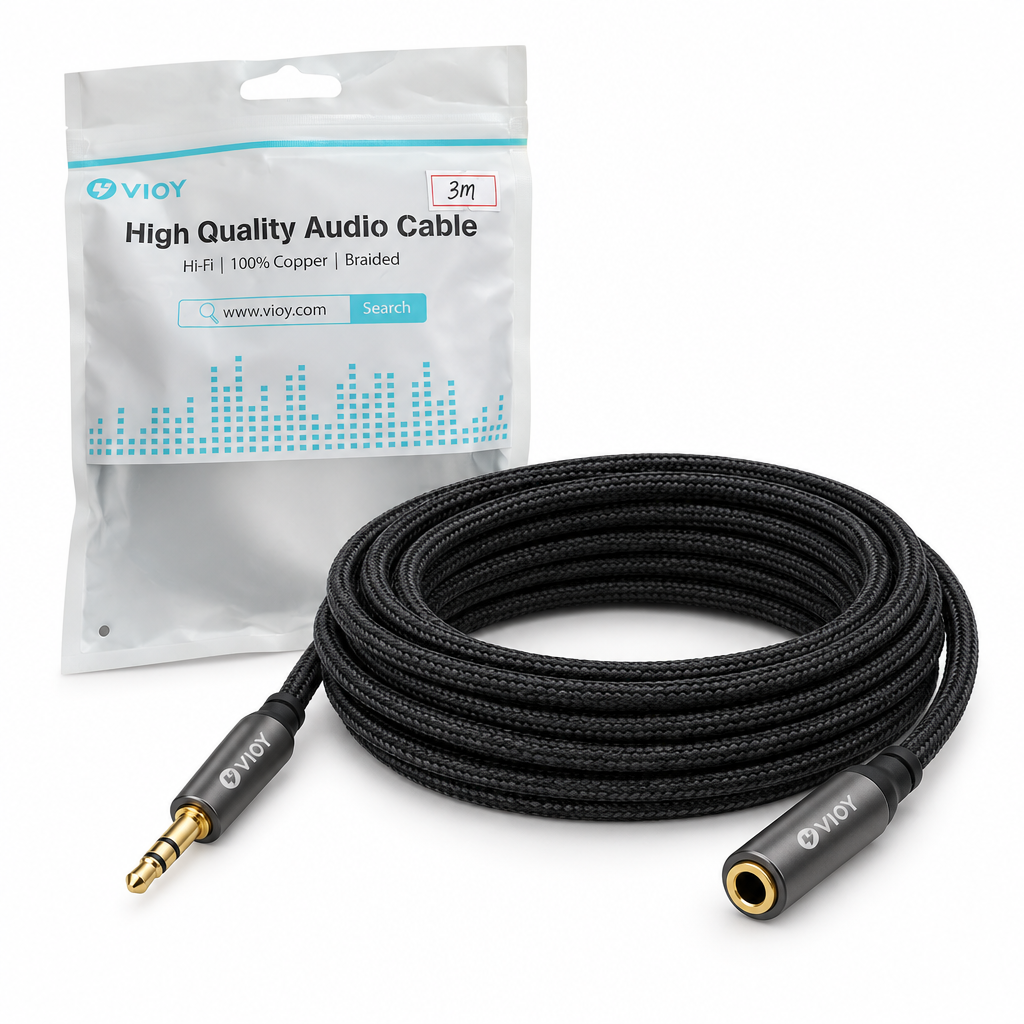 VIOY 3-meter braided audio extension cable outside the package in an angled view, showing the male plug and female socket