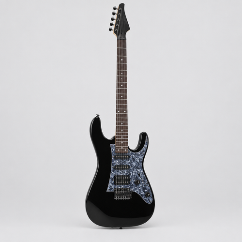 Straight-on full front view of the glossy black Unistar L-G3 electric guitar with S-S-H pickups.