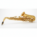 One Yamaha YAS-280 gold alto saxophone shown horizontally with curved body, bell, neck, keywork, and Yamaha branding