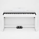 Full front view of the Medeli DP280K/WH white satin digital piano with its stand and pedals.