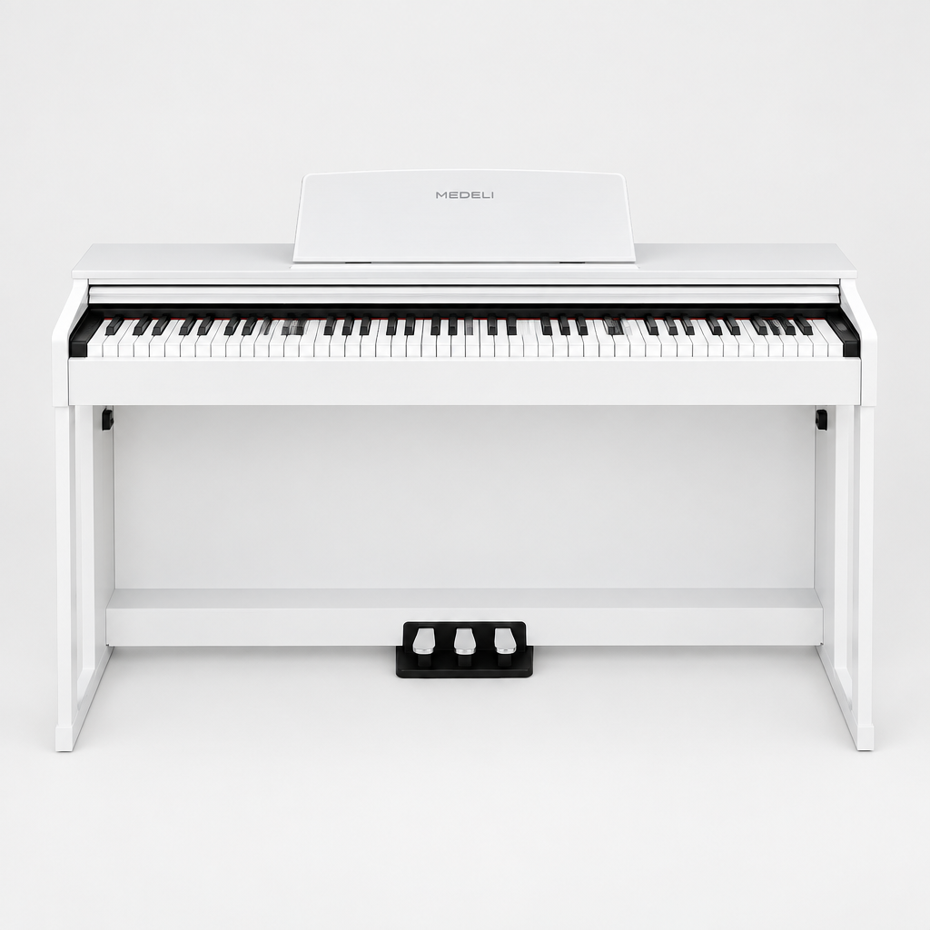 Full front view of the Medeli DP280K/WH white satin digital piano with its stand and pedals.