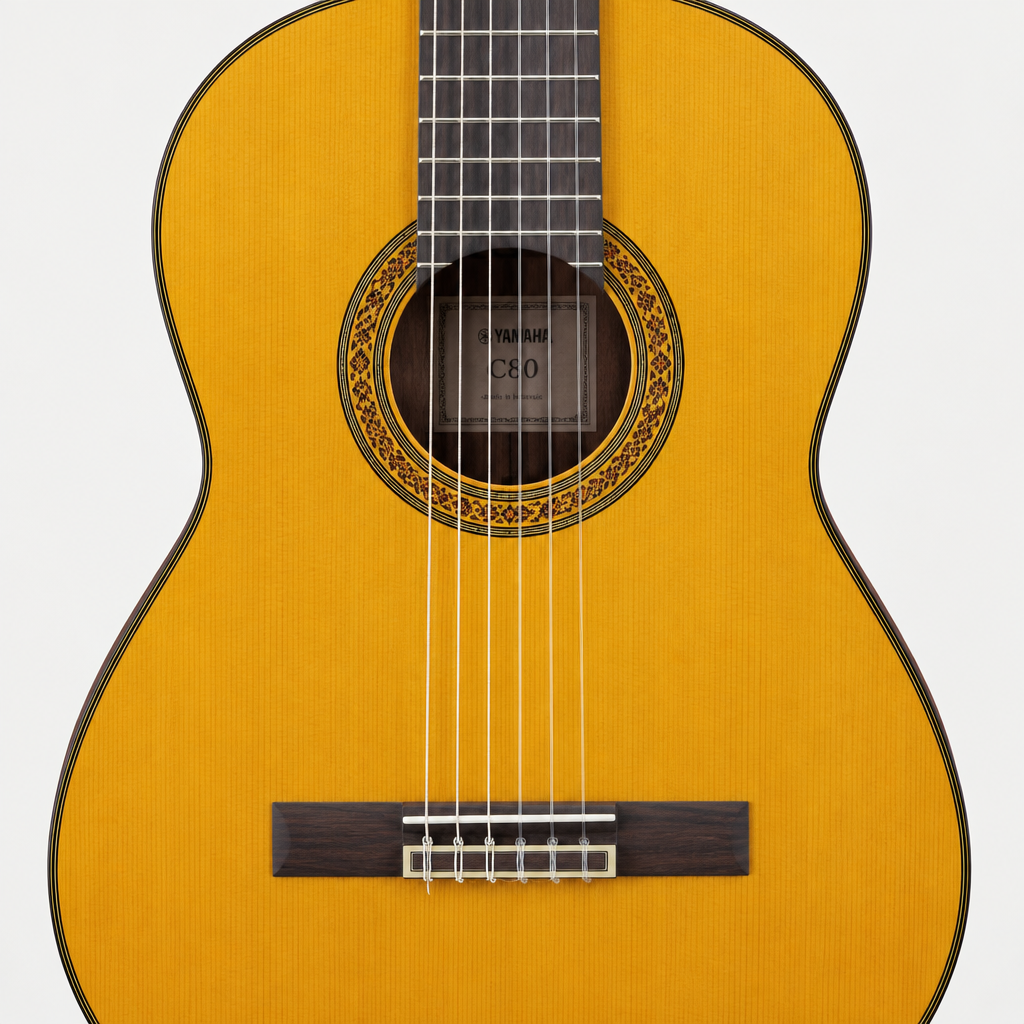 Straight-on close-up of the Yamaha C80 classical guitar soundhole, rosette, strings, and bridge.