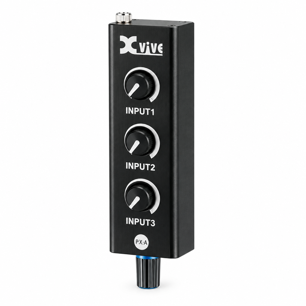 Three-quarter view of the Xvive PX personal in-ear monitor amplifier with front controls visible