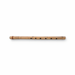 Small natural-toned nai flute shown lying horizontally with its complete body, finger holes, and traditional detailing on a white background