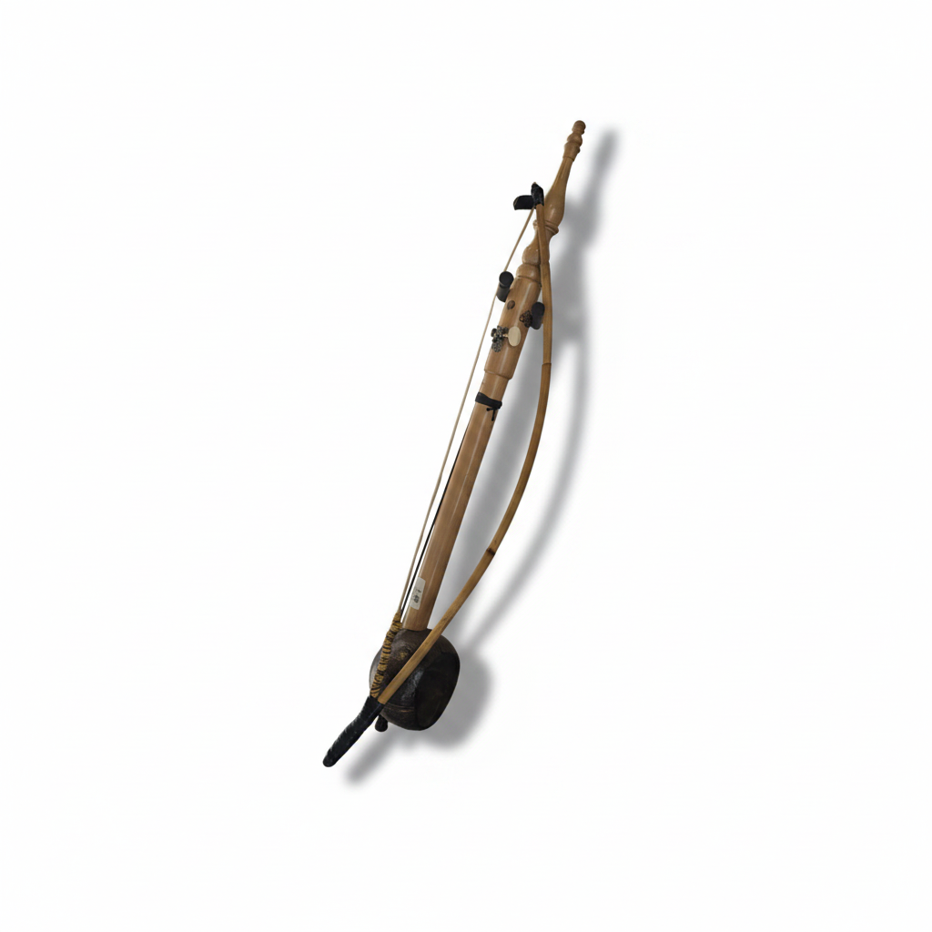 Egyptian rababa shown diagonally with its full body, neck, bow, and string components on a white background