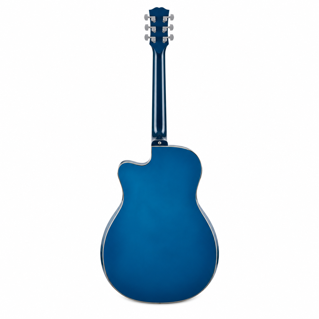 Straight back view of the Smiger GA-H10-BL blue acoustic guitar preserving its original cutaway body, back, neck, headstock, and tuning machines
