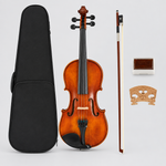 Straight-on full front view of the 4/4 violin, black case, bow, rosin, and bridge accessory.