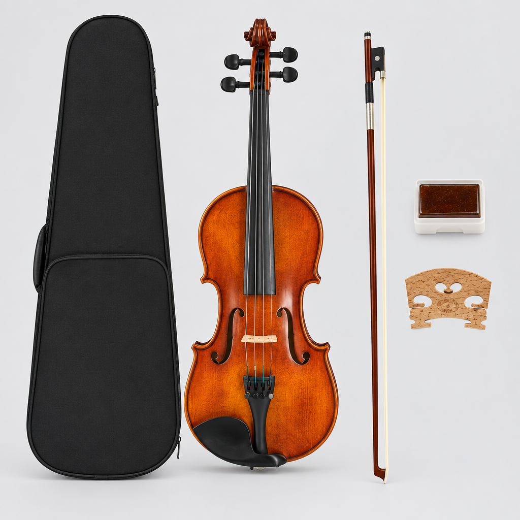 Straight-on full front view of the 4/4 violin, black case, bow, rosin, and bridge accessory.