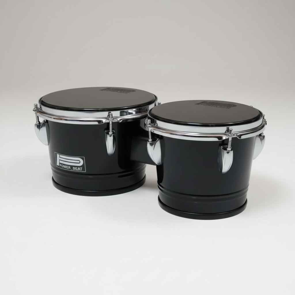 One Power Beat BG27BK bongo drum set with two connected black metal-shell drums shown in a three-quarter diagonal view