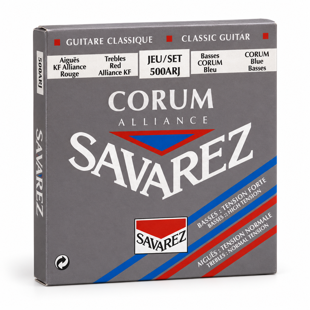 Savarez 500ARJ classical guitar strings package, three-quarter angled view